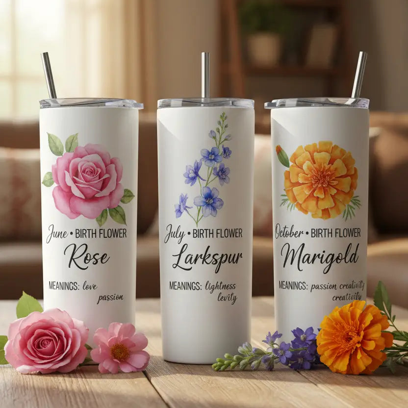 Personalized Birth Flower Tumbler – Handcrafted Floral Drinkware, 20 oz/12 oz Underwood Creations