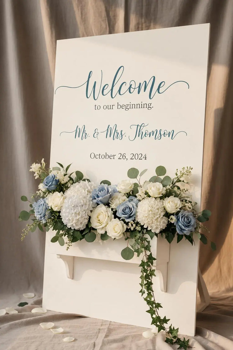 White Wedding Sign with Flower Box