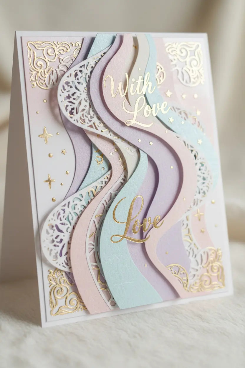 Custom waterfall style card with cascading paper layers and gold foil accents