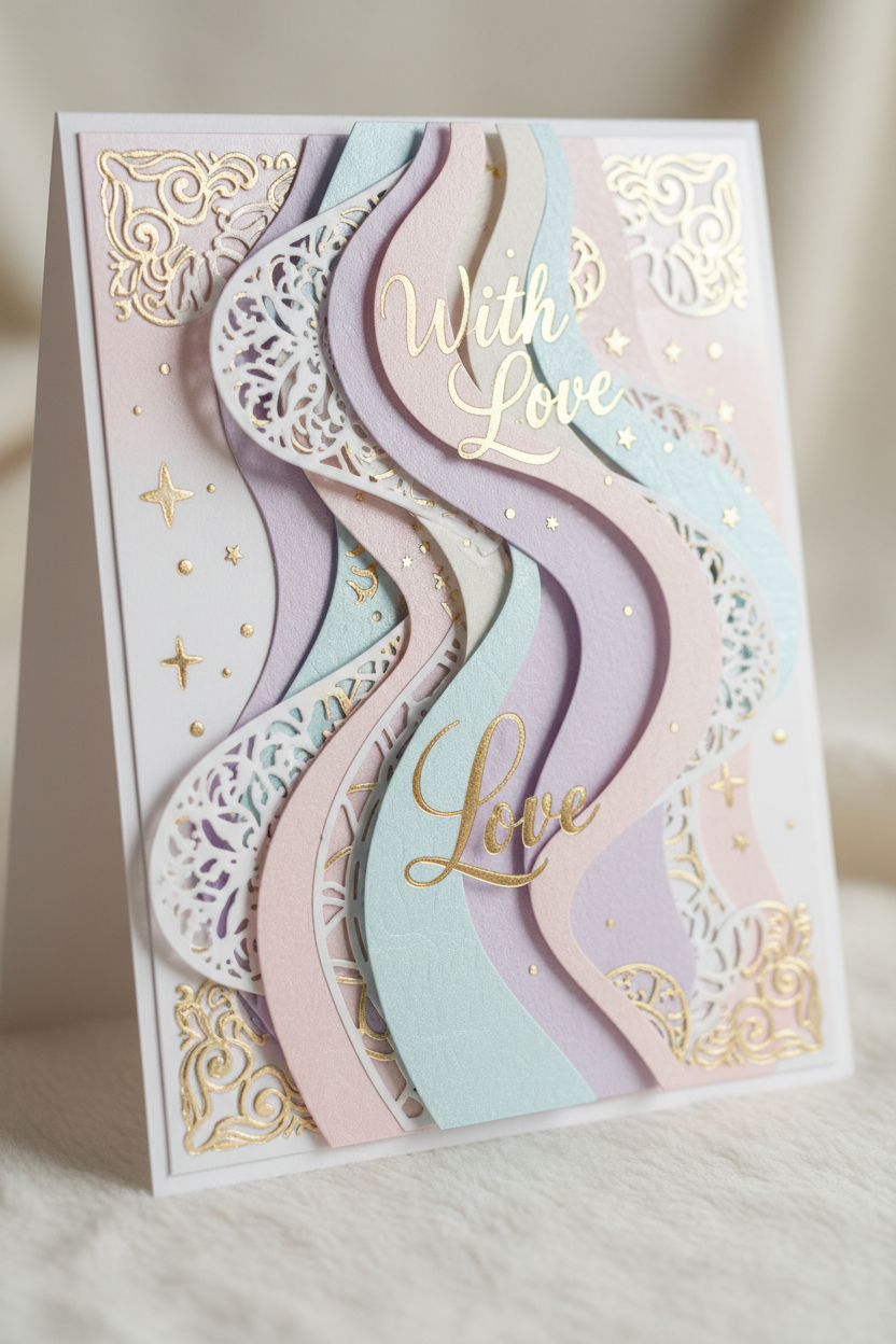 Custom waterfall style card with cascading paper layers and gold foil accents