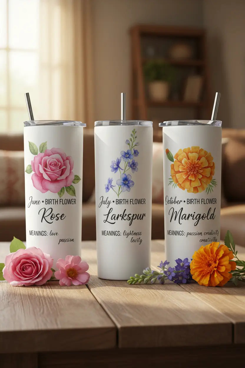 Personalized Birth Flower Tumbler – Handcrafted Floral Drinkware, 20 oz/12 oz Underwood Creations