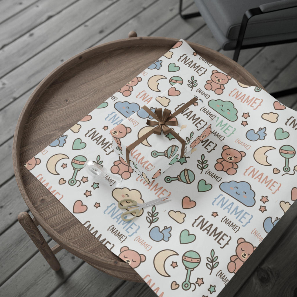 Personalized Baby Name Pattern Wrapping Paper | Cute Teddy Clouds Moon Names