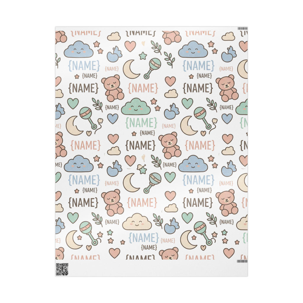 Personalized Baby Name Pattern Wrapping Paper | Cute Teddy Clouds Moon Names