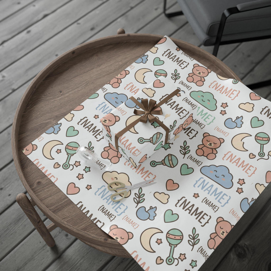 Personalized Baby Name Pattern Wrapping Paper | Cute Teddy Clouds Moon Names
