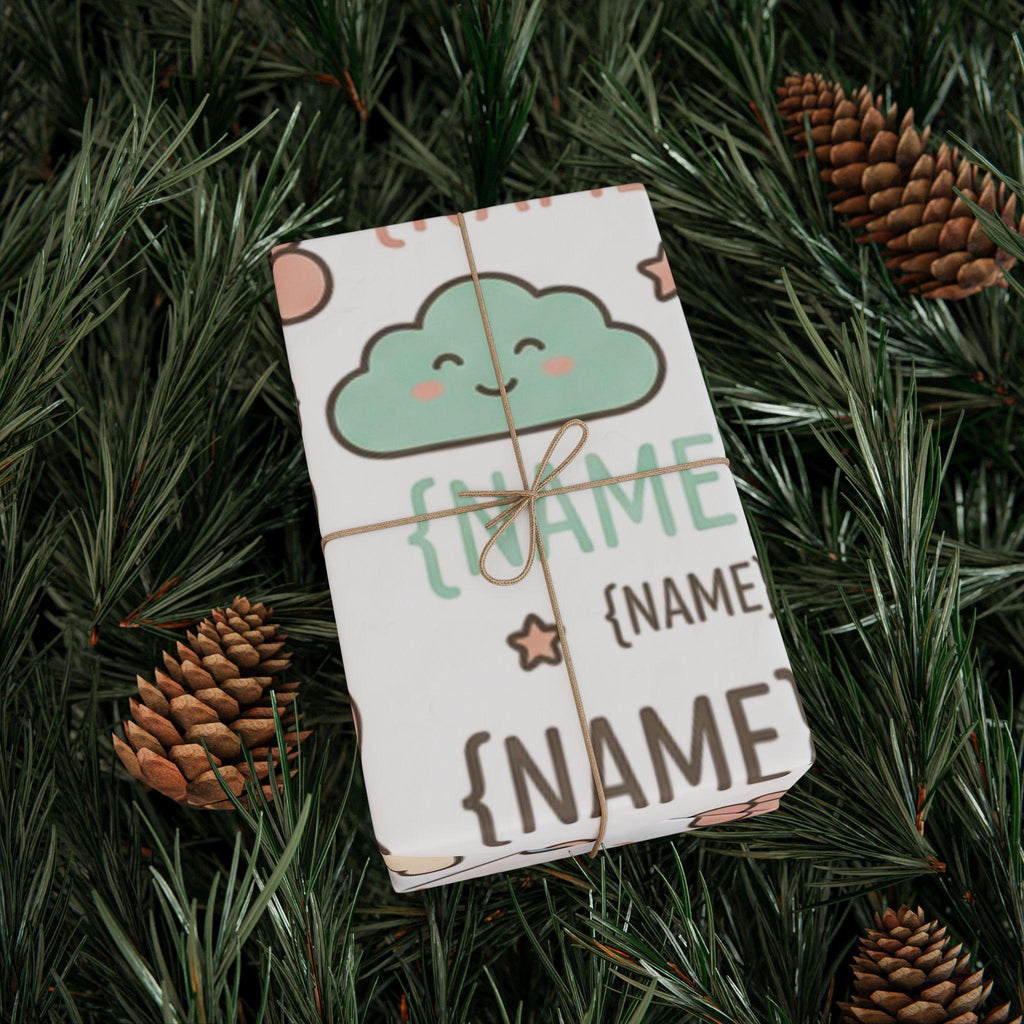 Personalized Baby Name Pattern Wrapping Paper | Cute Teddy Clouds Moon Names