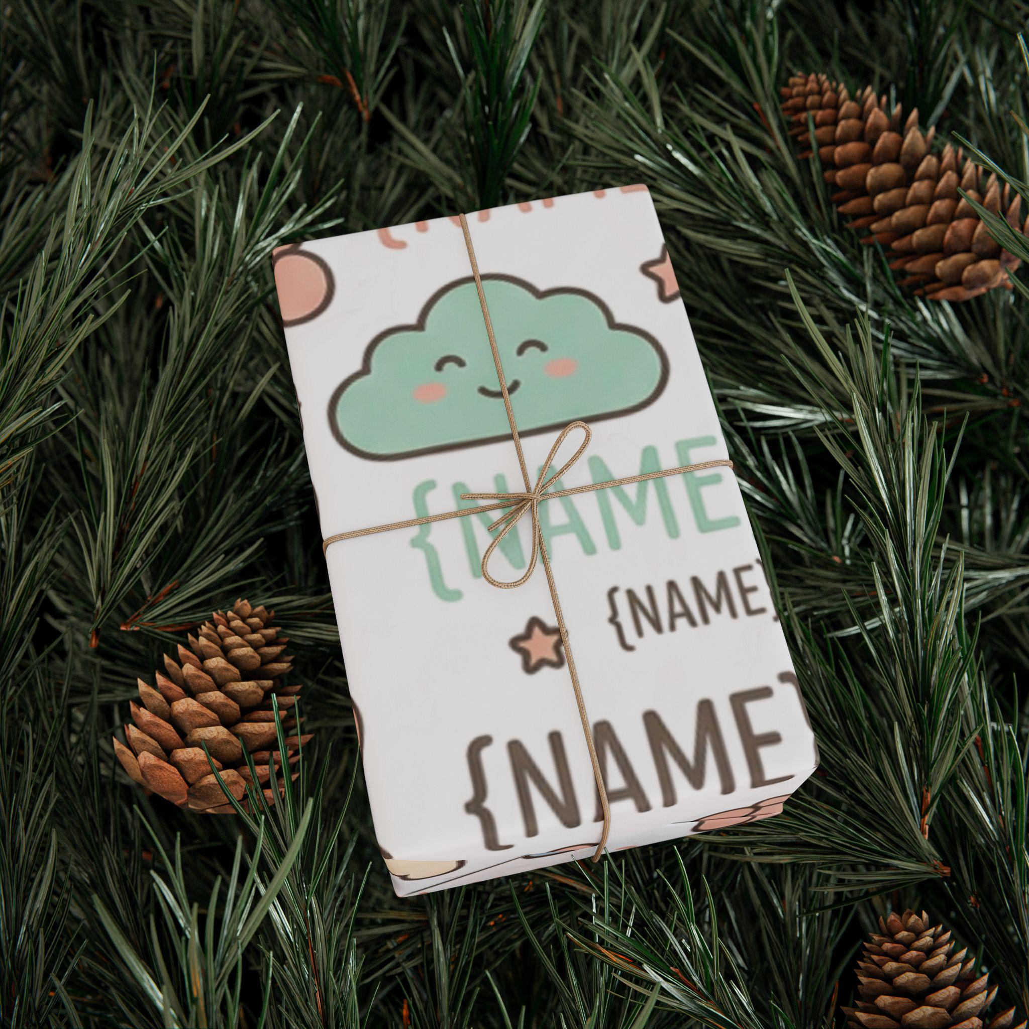 Personalized Baby Name Pattern Wrapping Paper | Cute Teddy Clouds Moon Names
