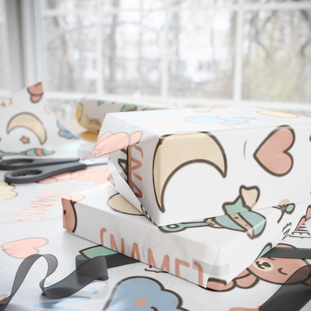 Personalized Baby Name Pattern Wrapping Paper | Cute Teddy Clouds Moon Names