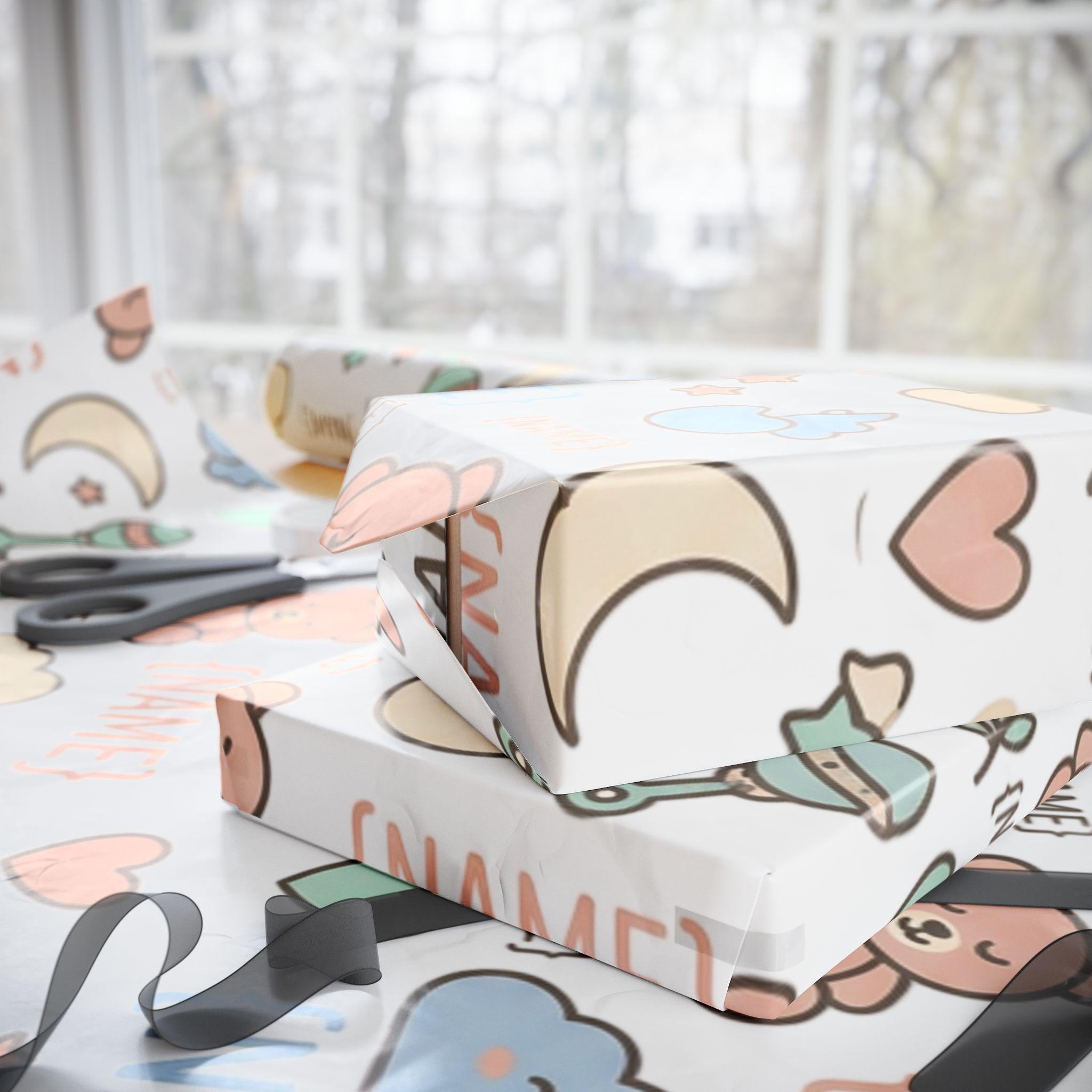 Personalized Baby Name Pattern Wrapping Paper | Cute Teddy Clouds Moon Names