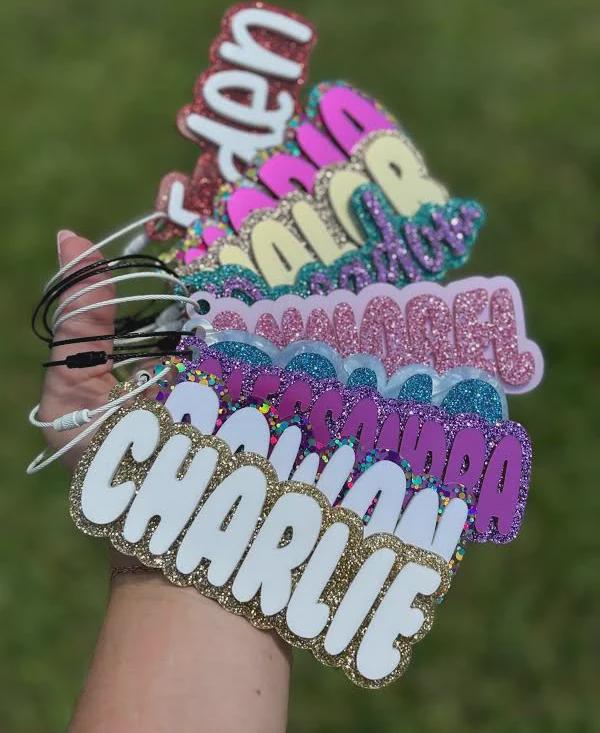 Personalized bag tags, key chains, you decide what size you want it for.