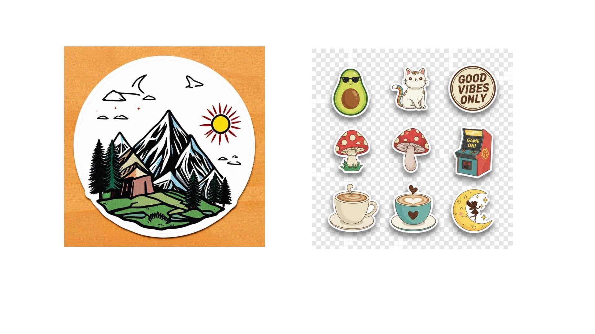 Custom Cut Stickers: Mountain Camping, Avocado, Cat, Mushroom, Coffee, Moon Designs