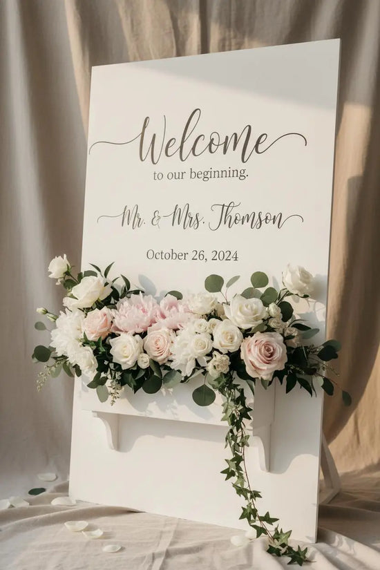 White wedding sign with flower box featuring white and blush florals and calligraphy