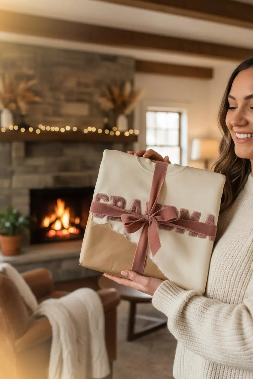 Woman presenting a GRANDMA chenille patch sweatshirt as a gift