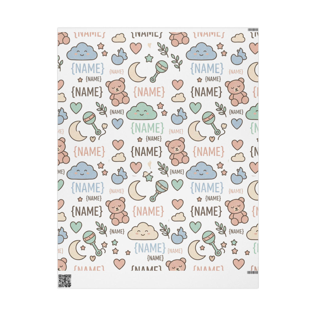 Personalized Baby Name Pattern Wrapping Paper | Cute Teddy Clouds Moon Names