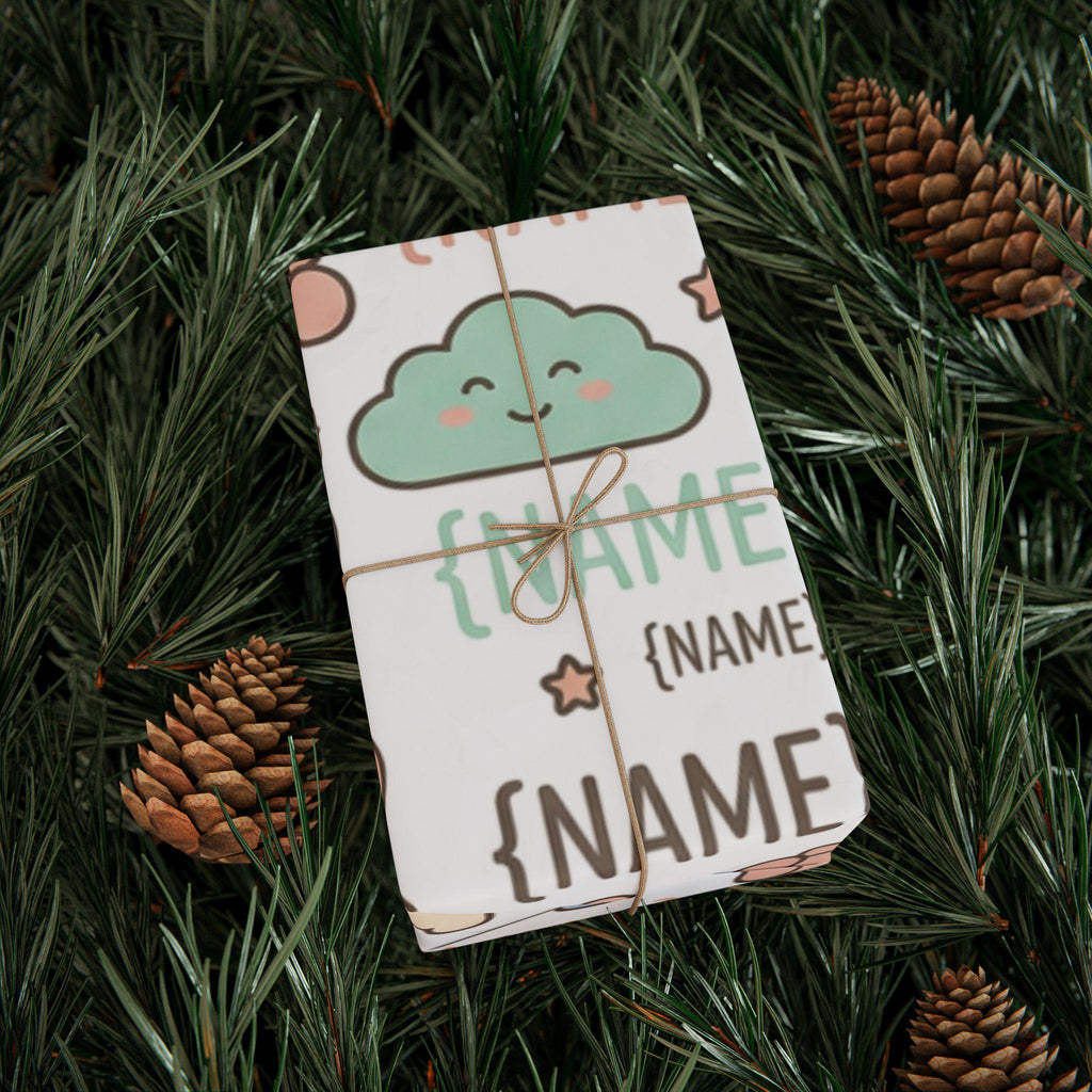 Personalized Baby Name Pattern Wrapping Paper | Cute Teddy Clouds Moon Names