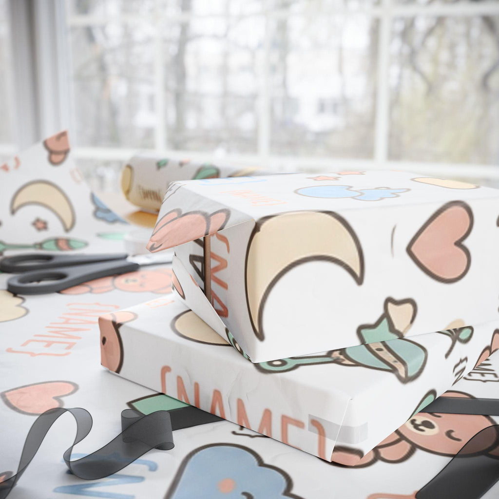 Personalized Baby Name Pattern Wrapping Paper | Cute Teddy Clouds Moon Names