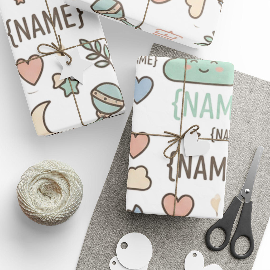 Personalized Baby Name Pattern Wrapping Paper | Cute Teddy Clouds Moon Names