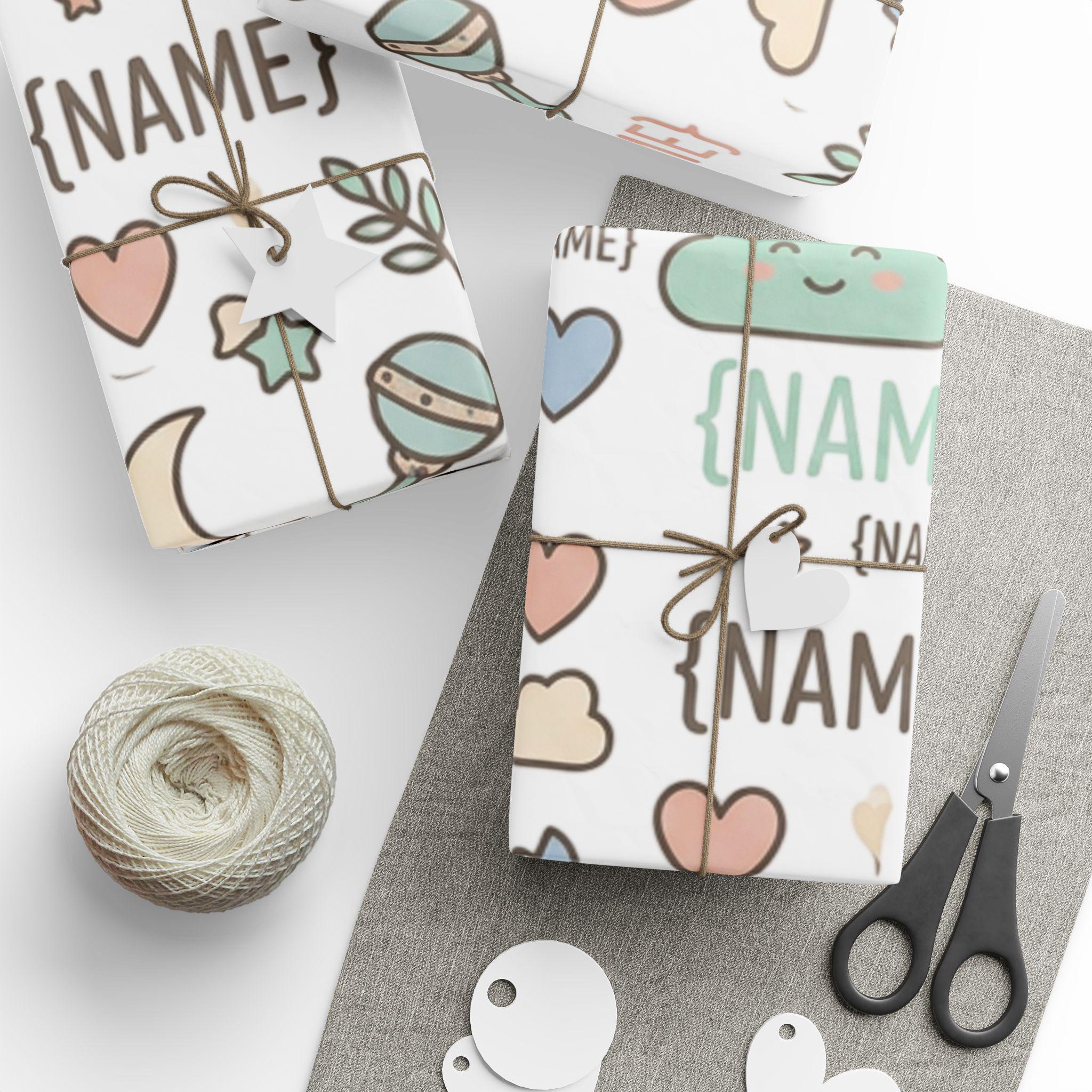 Personalized Baby Name Pattern Wrapping Paper | Cute Teddy Clouds Moon Names