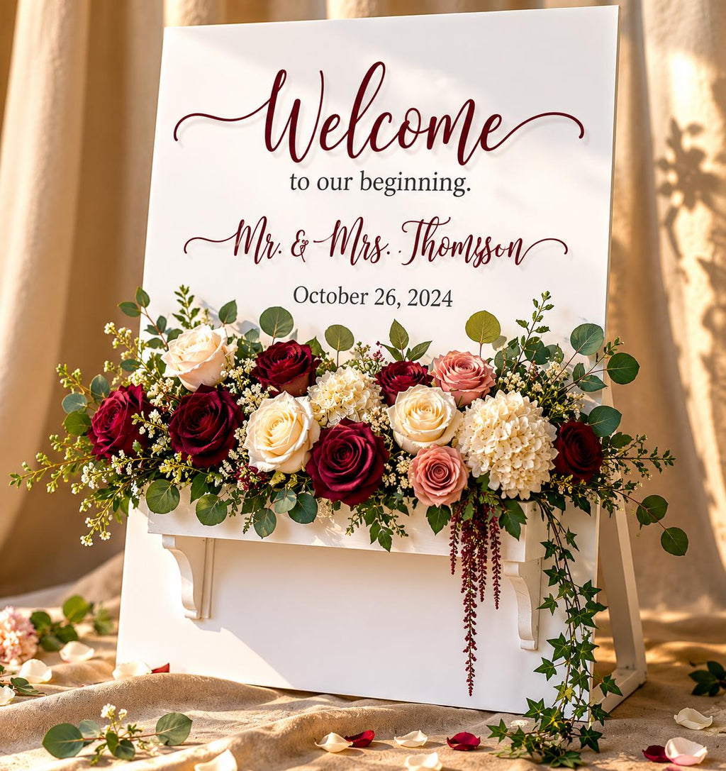 White Wedding Sign with Flower Box