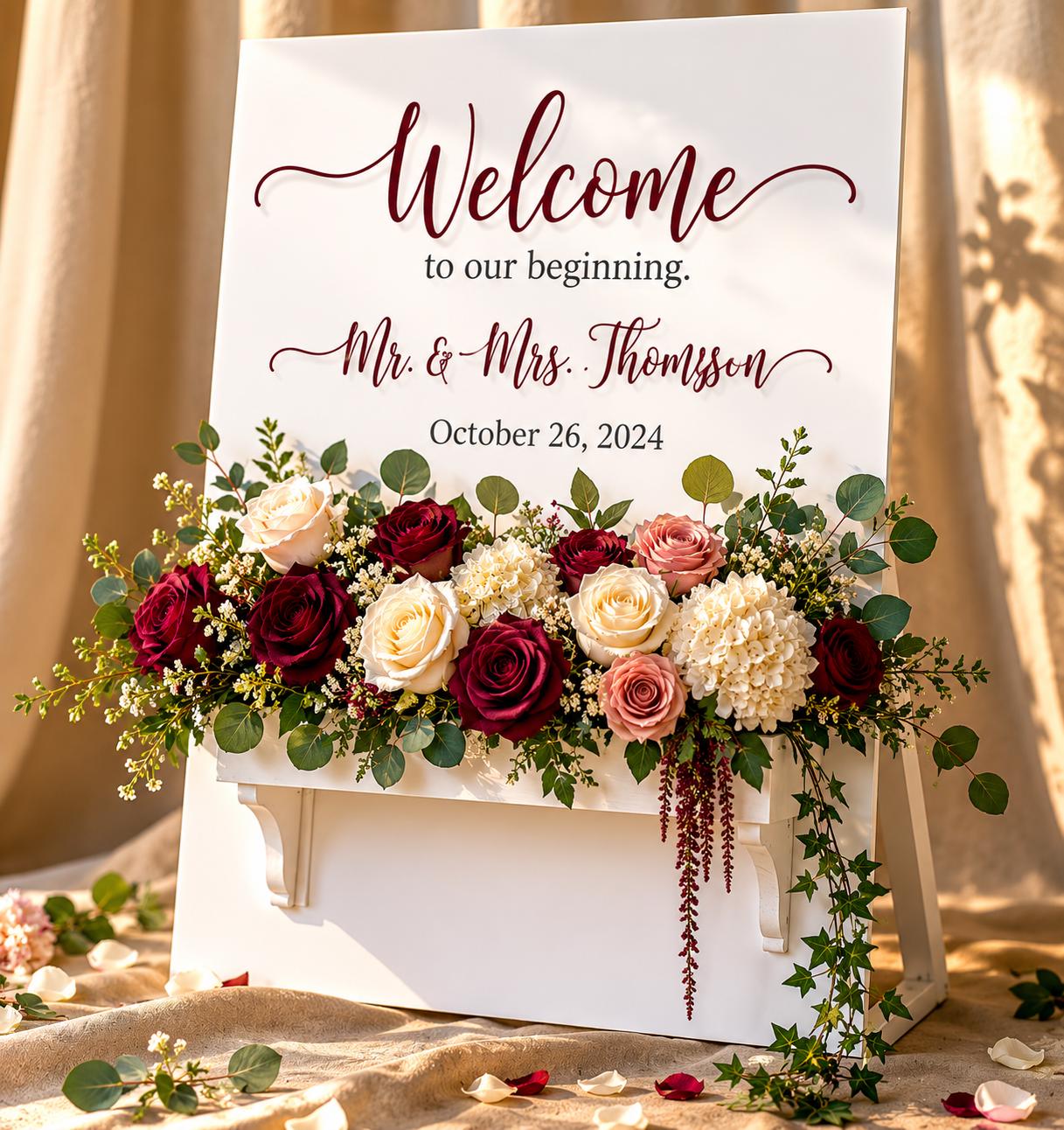 White Wedding Sign with Flower Box