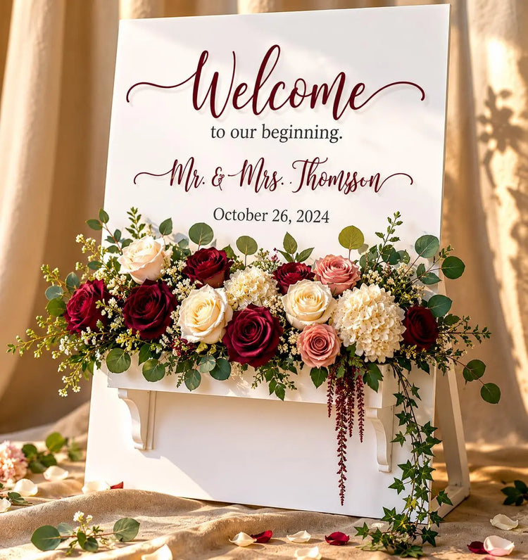 White Wedding Sign with Flower Box