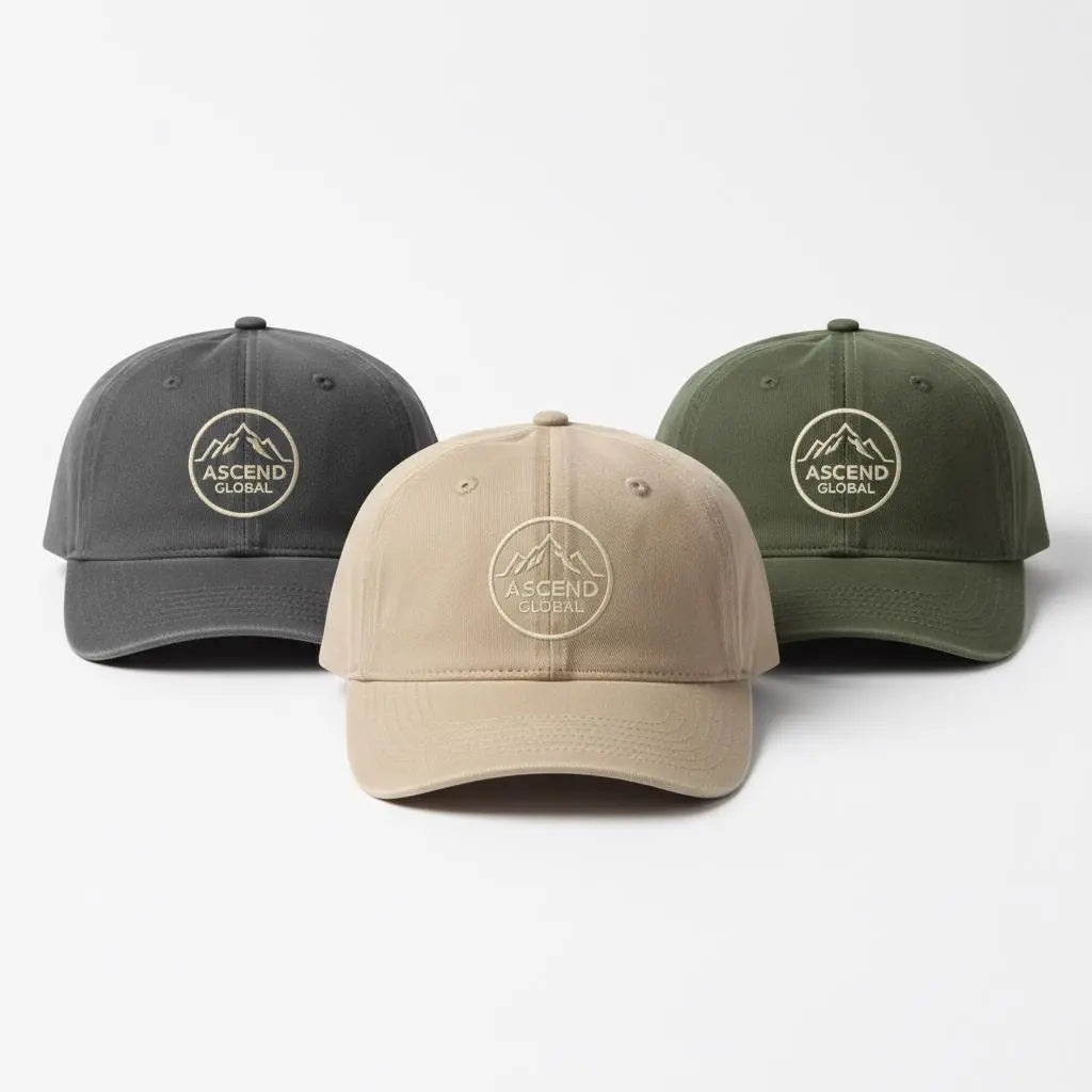 Custom branded hats with embroidered logo in neutral colors