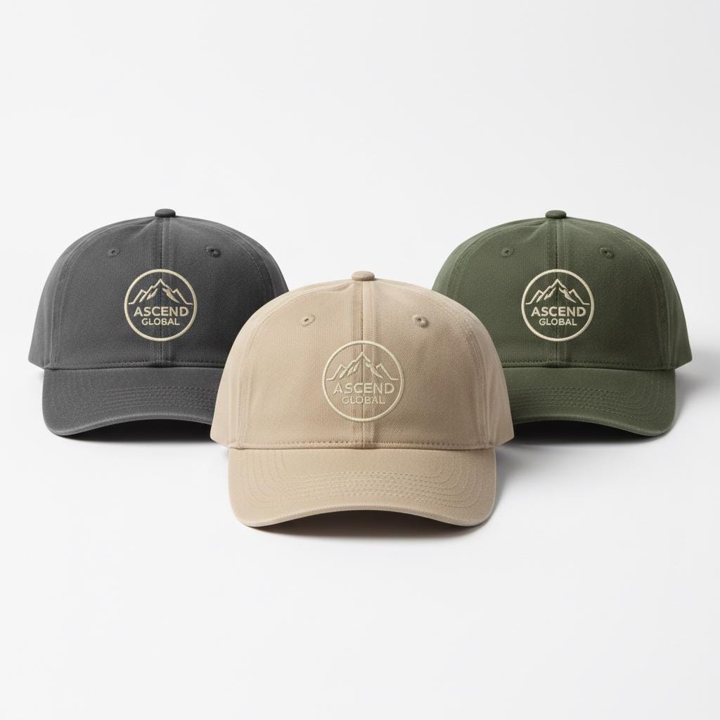 Custom branded hats with embroidered logo in neutral colors