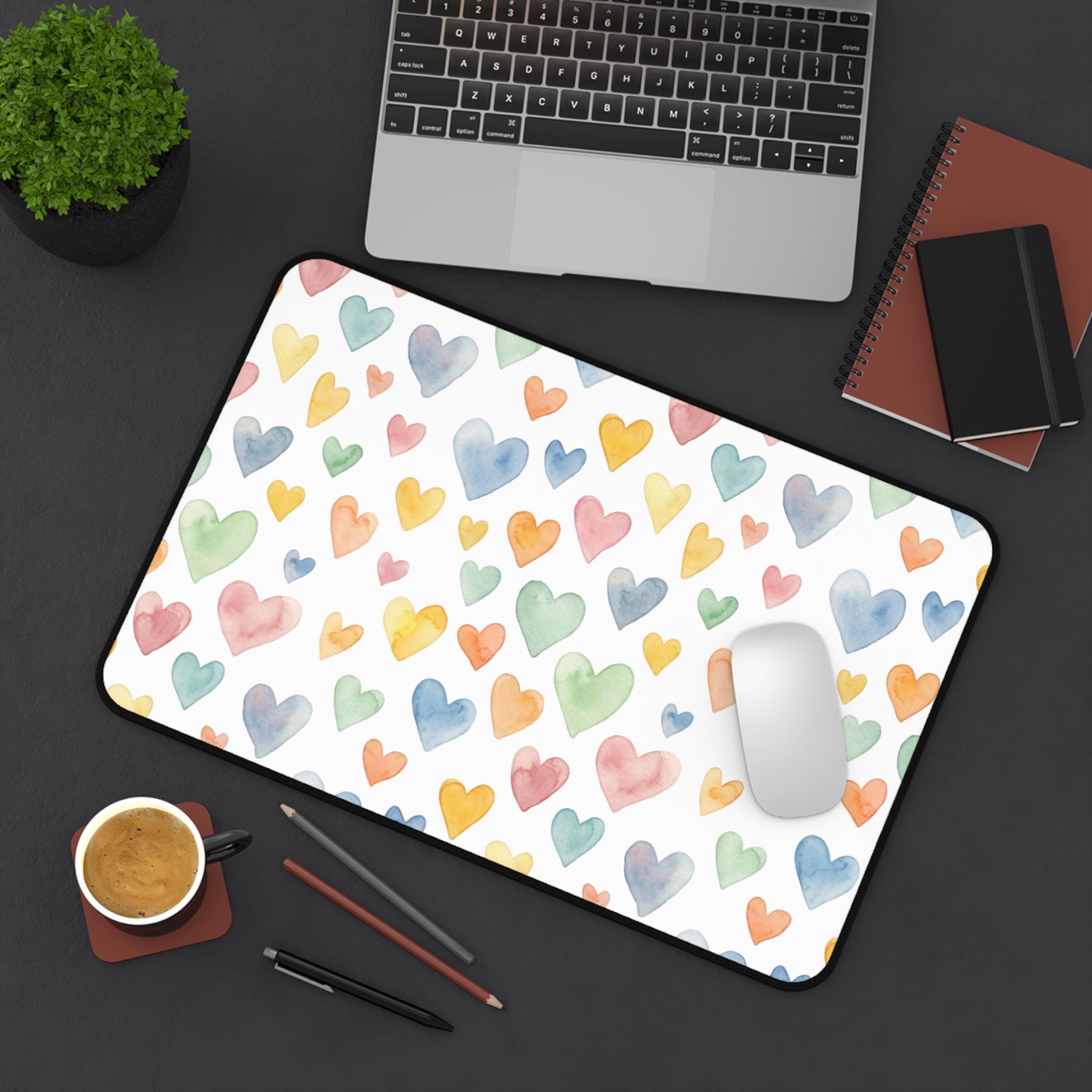 Watercolor Heart Pattern Desk Mat | Pastel Hearts Mouse Pad