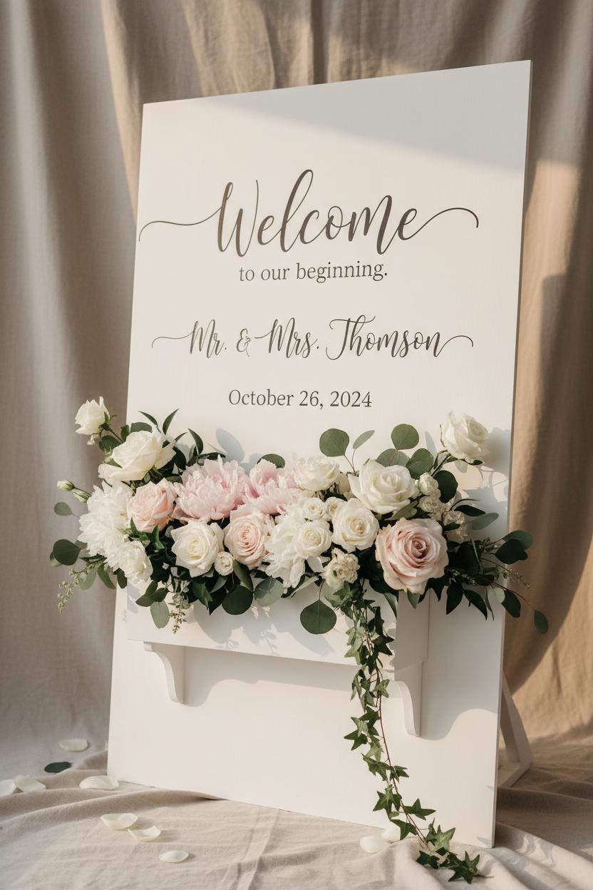 White wedding sign with flower box featuring white and blush florals and calligraphy