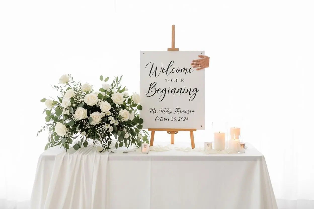White Wedding Sign with Flower Box