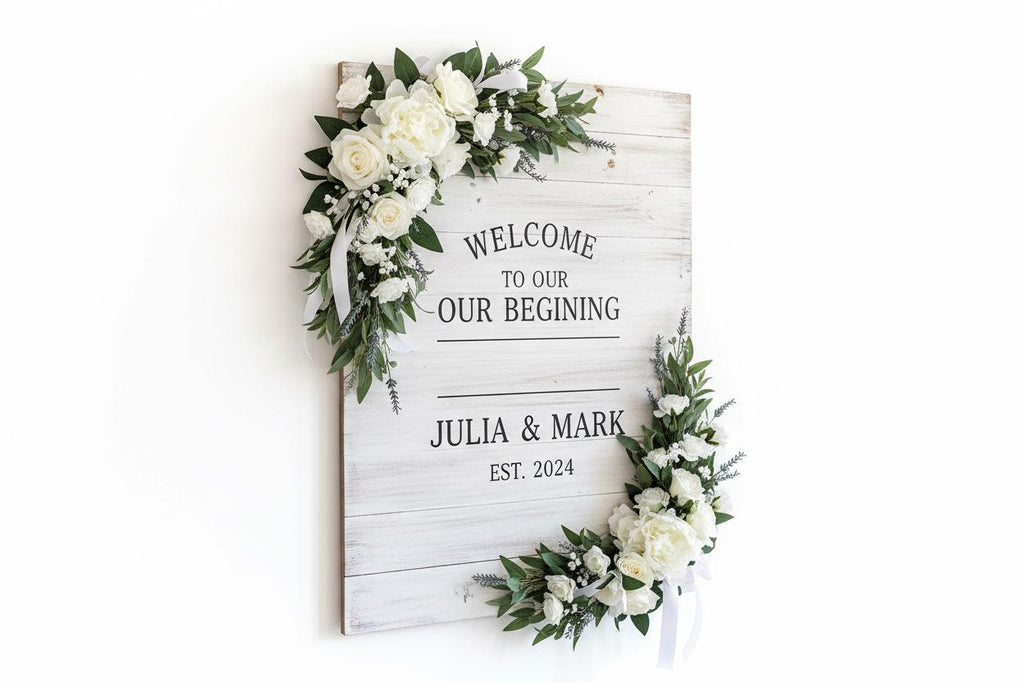 White Wedding Sign with Flower Box