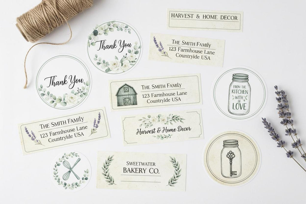 Custom stickers in various sizes for thank you cards, address labels, and business use