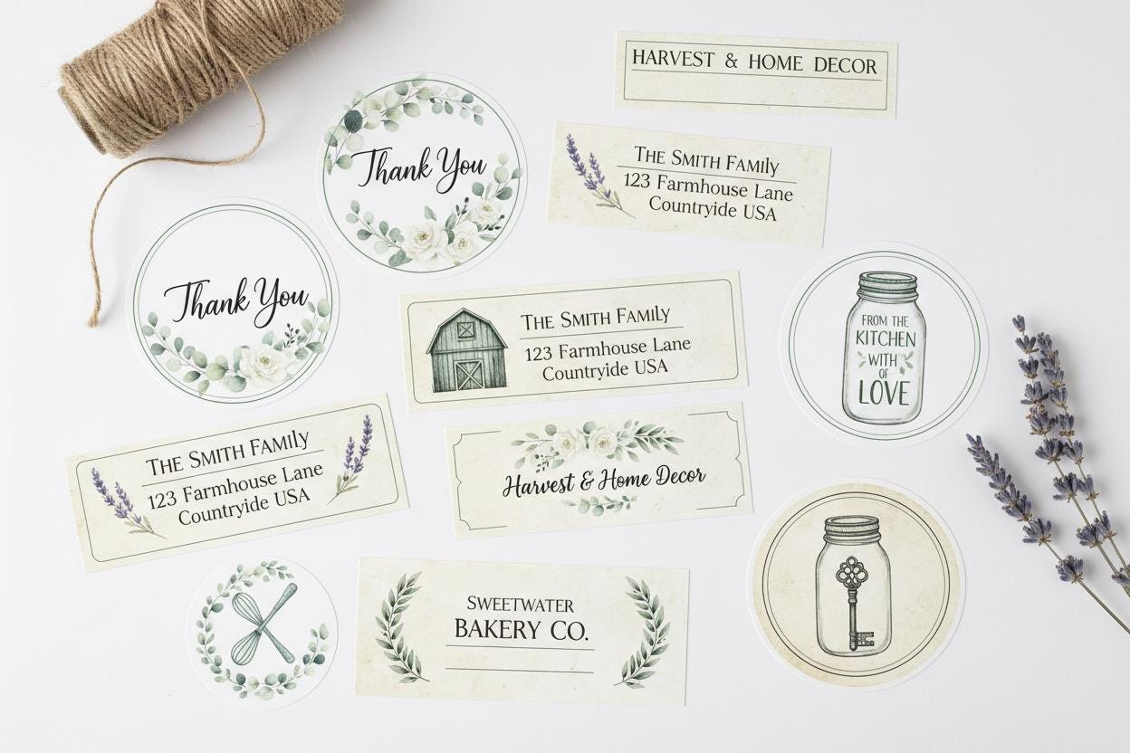 Custom stickers in various sizes for thank you cards, address labels, and business use