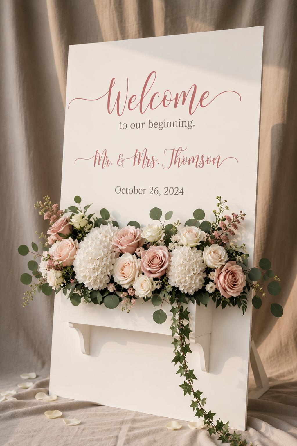White Wedding Sign with Flower Box