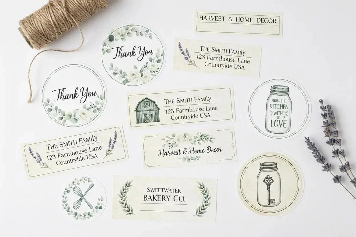 Custom stickers in various sizes for thank you cards, address labels, and business use