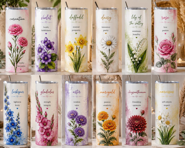 Personalized Birth Flower Tumbler – Handcrafted Floral Drinkware, 20 oz/12 oz
