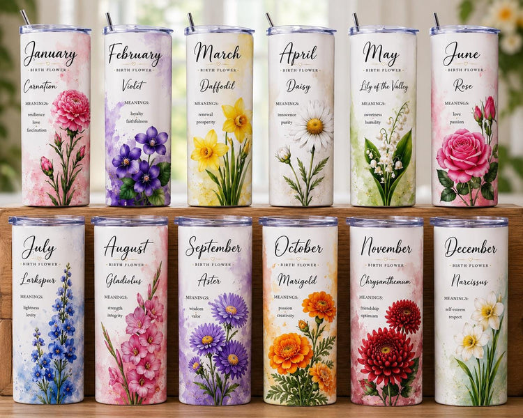 Personalized Birth Flower Tumbler – Handcrafted Floral Drinkware, 20 oz/12 oz