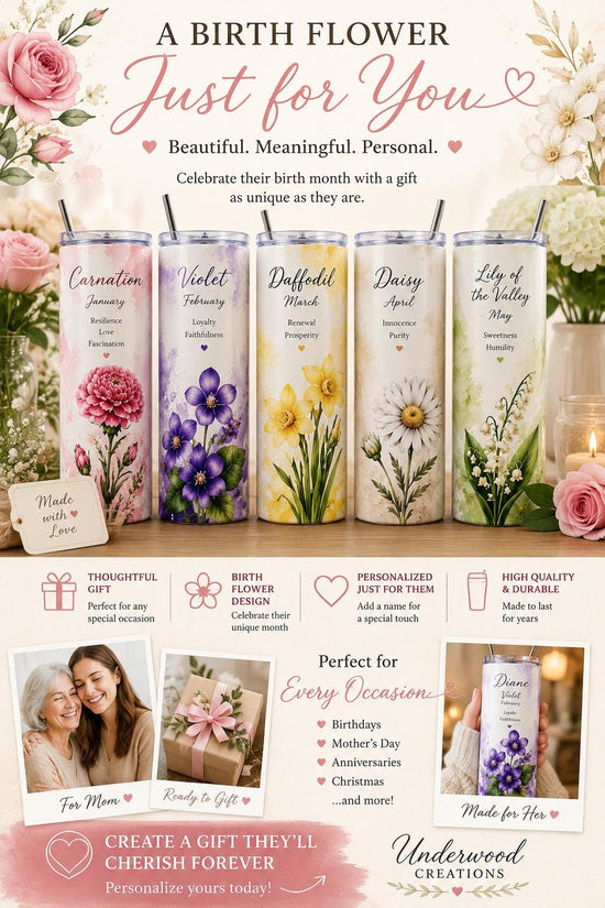 Personalized Birth Flower Tumbler – Handcrafted Floral Drinkware, 20 oz/12 oz Underwood Creations