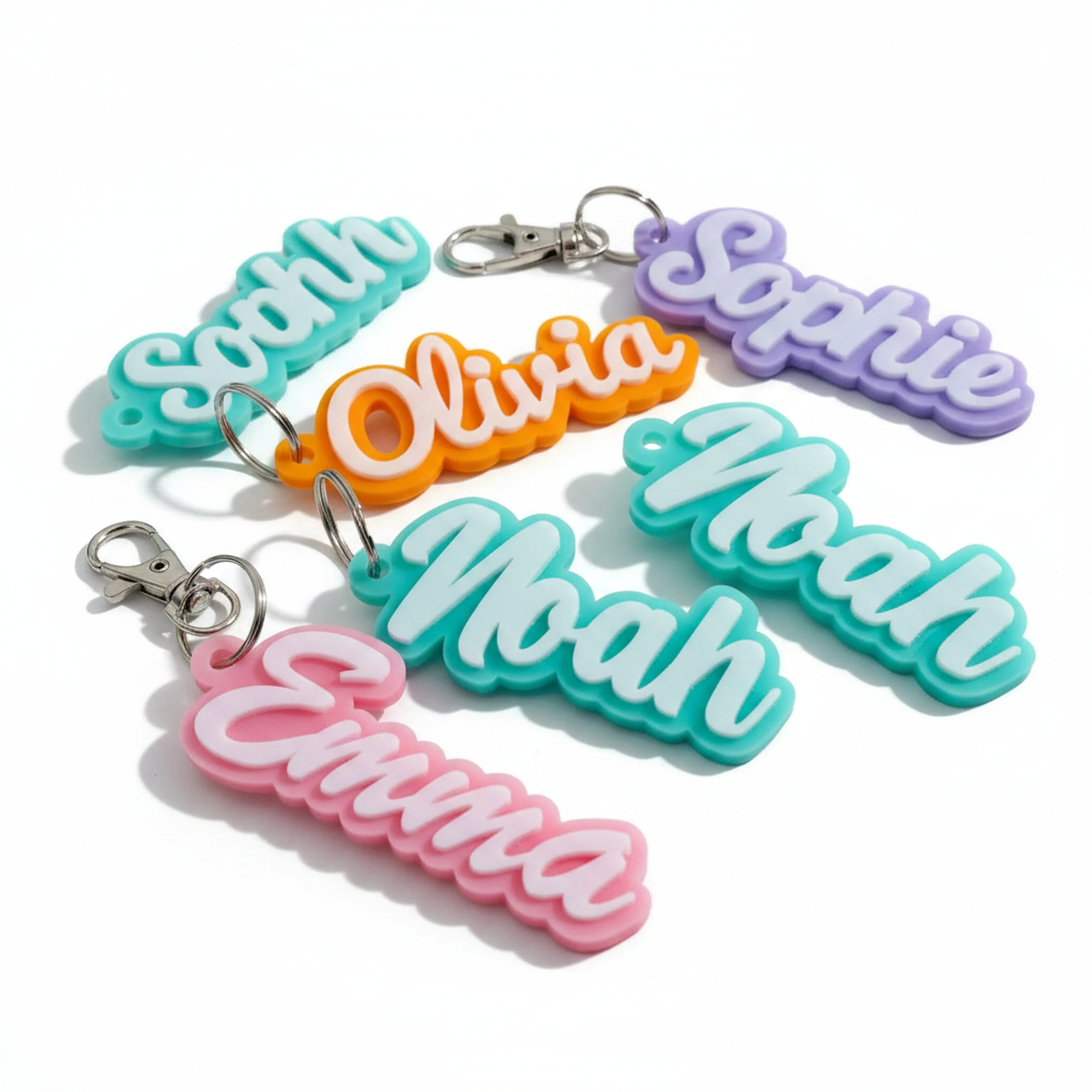Custom acrylic name bag tags with vibrant colors and bubble letter names