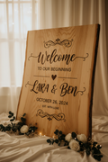 Large custom laser engraved wedding welcome sign with elegant calligraphy