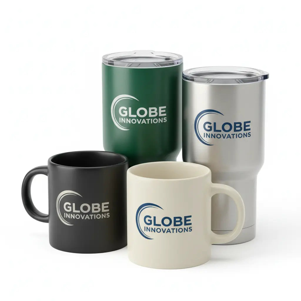 Custom branded cups and mugs with printed or engraved logo