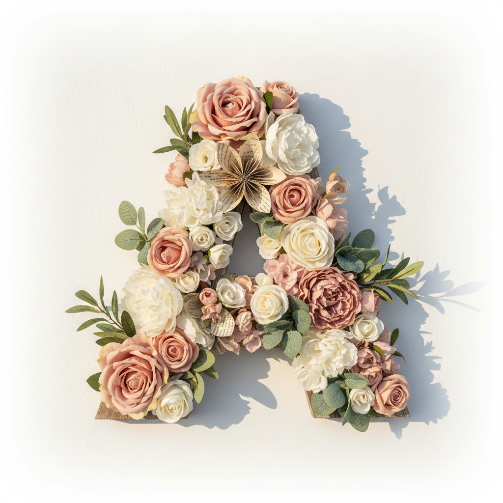 Handcrafted floral letter monogram made with artificial and paper flowers in blush and cream tones
