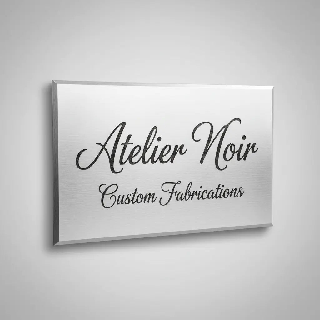 Custom laser engraved metal sign with brushed steel finish