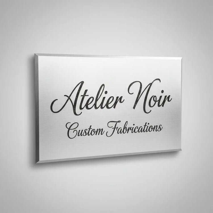 Custom laser engraved metal sign with brushed steel finish