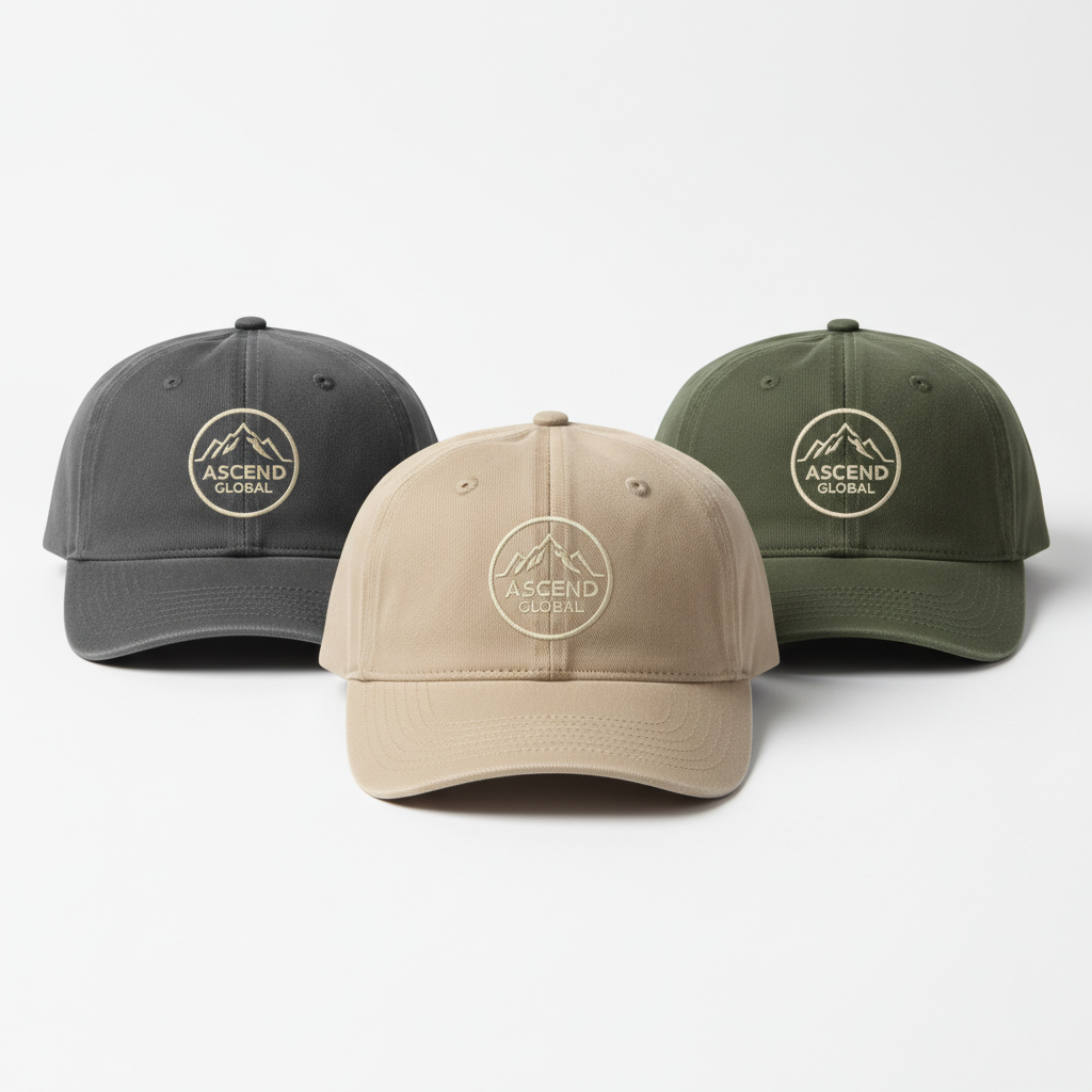 Custom branded hats with embroidered logo in neutral colors