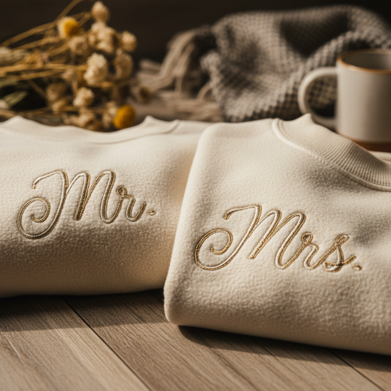Mr. and Mrs. Embroidered Sweatshirts – Detail Shot